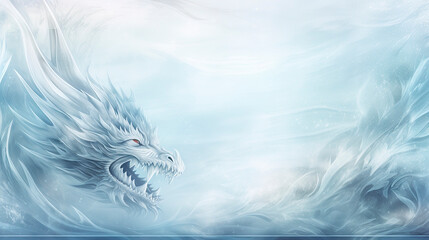 Snow dragon on blue abstract icy frozen background. Copy space. Close-up. - obrazy, fototapety, plakaty