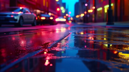 Dark night blurred background of night city, wet asphalt