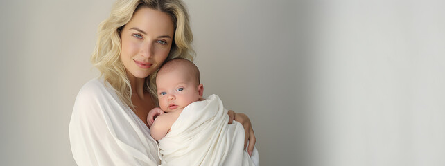 mamma con neonato in fasce in braccio su sfondo grigio chiaro vuoto, concetto di amore e maternità, formato banner , spazio per testo - obrazy, fototapety, plakaty