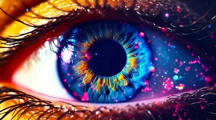 Foto op Plexiglas Bright female eye close-up in ultraviolet neon glow, bokeh © Laura Сrazy