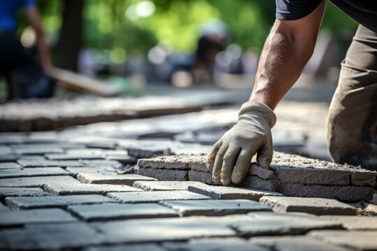Experienced Professional paver worker street. Industry path. Generate Ai