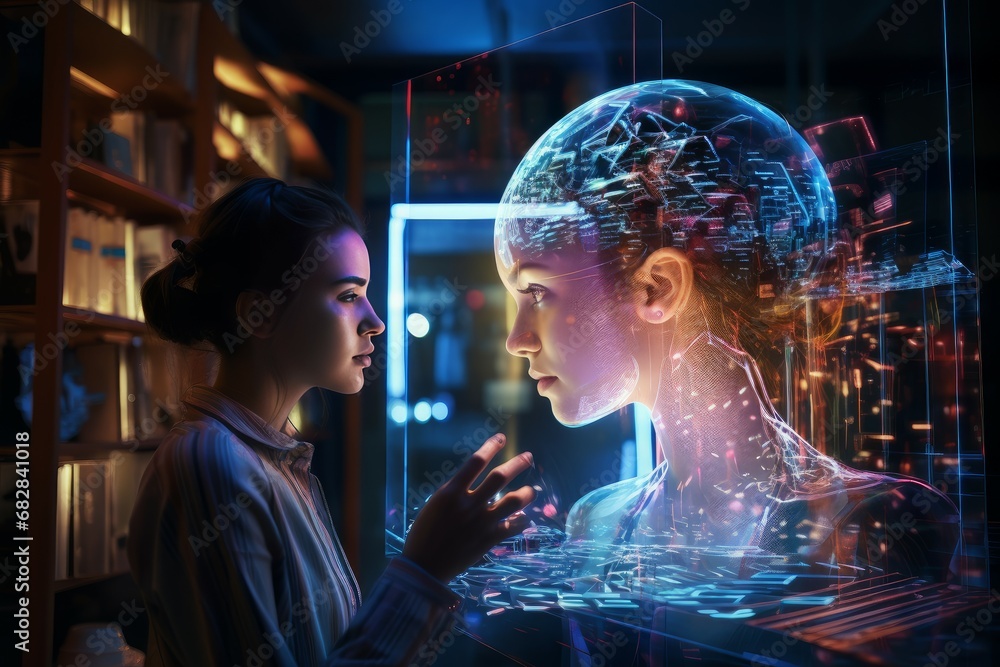 Poster high-tech holographic tech glasses. digital robot. generate ai
