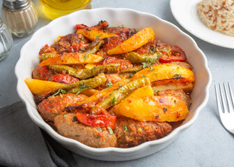 Traditional Homemade Turkish Food Kofte - Kofta with Tomato Sauce and Potatoes. (Turkish name; Izmir kofte)