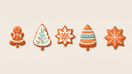 Conjunto de galletas de jengibre con decoración navideña y glaseado blanco y rojo sobre fondo liso