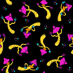 Mushroom pattern, doodle, retro style. A big mushroom party in the hippie style.