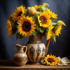 A  bouquet of sunflowers in a vase are on the table