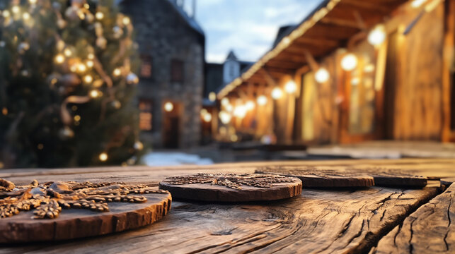 Tabla de madera para productos con pintoresco pueblo navide&ntilde;o difuminado de fondo