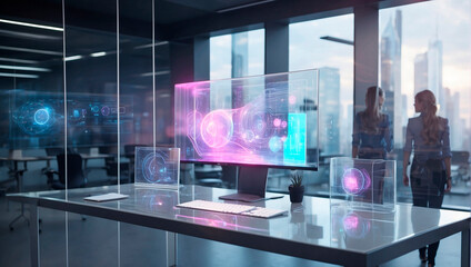 State-of-the-art technology, innovative business center, holographic computer monitors in a bright office. Generative AI