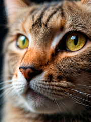 Cat's face close-up, smart eyes and brown nose super detailed.