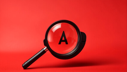 Black magnifying glass with pen pointed at the letter "A" on a red background, interesting interpretation of warning and prohibition signs, business concepts, research activities.