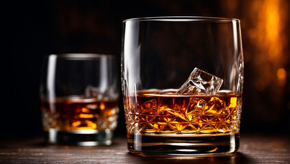 Glass glass with an exquisite whiskey drink of many years of aging, with a unique aroma and amber color.