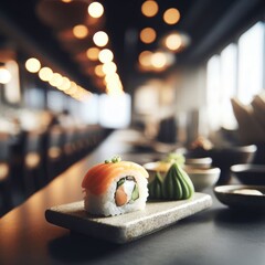 sushi on a plate and chopsticks japanese food background