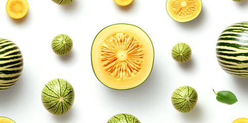 Cantaloupe arranged in an orderly manner On a white background, there is space, a beautiful view. - obrazy, fototapety, plakaty