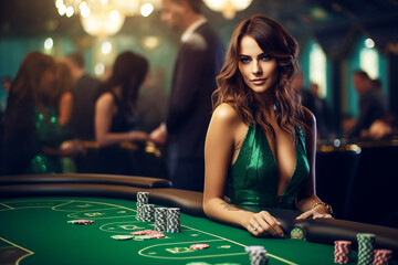 Casino, beautiful young girl in a green dress. Banner concept for casino, poker, gambling, croupier, website header, gambling, luxury style, baccarat. Casino winning poster - obrazy, fototapety, plakaty