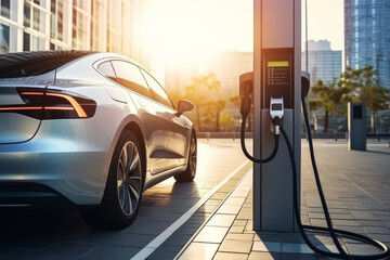 Innovative electric vehicle parked at charging station in a street of modern city. Technological advancement in rechargeable EV using alternative clean and sustainable energy.