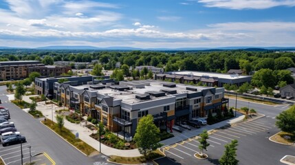 Aerial view of a residential building in the suburbs. A two-story building with separate entrances similar to a townhouse, landscaped area, parking. Comfortable urban environment. - obrazy, fototapety, plakaty