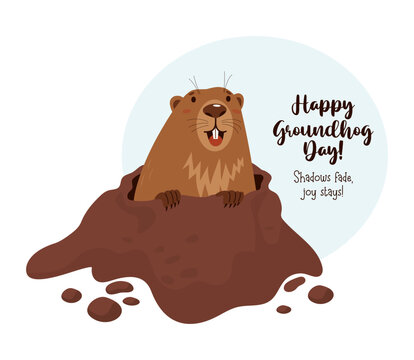 Cute joyful animal groundhog looks out of hole. Holiday card Happy Groundhog Day. February 2. Vector illustration.