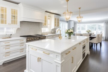 Interior of modern luxurious kitchen classic style. White cabinets with gilded handles, kitchen island with white marble countertop, built-in home appliances, golden pendant lights. - obrazy, fototapety, plakaty