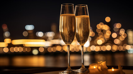 Champagne Soirée: Showcase the sophistication of a glamorous champagne soirée, with crystal flutes, bubbles, and the sparkle of an opulent city skyline in the background