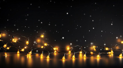 Strand of yellow christmas string lights flashing on black background, copy space