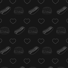 Seamless pattern with burgers hot dogs hearts white outline on dark background