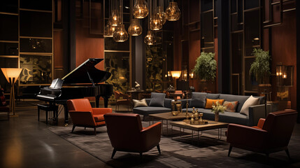 Jazz Lounge Intimacy: Capture the intimacy of a jazz lounge, with warm lighting, plush seating, and the soulful sounds of live music permeating the air - obrazy, fototapety, plakaty