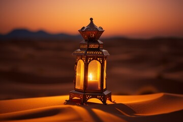 Traditional Ramadan lantern in desert. Islamic crescent star. Generate Ai