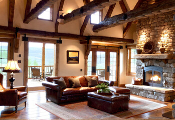 great,living room,Rustic and charming with stone walls, exposed beams, and leather couch,Generative AI
