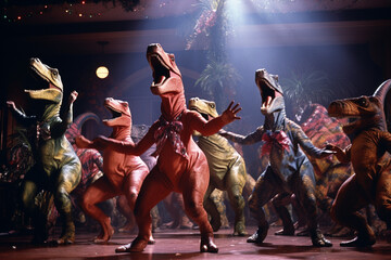 A well-balanced illustration of dinosaurs having a dance party, showcasing their hilarious dance moves and creating a prehistoric spectacle.
