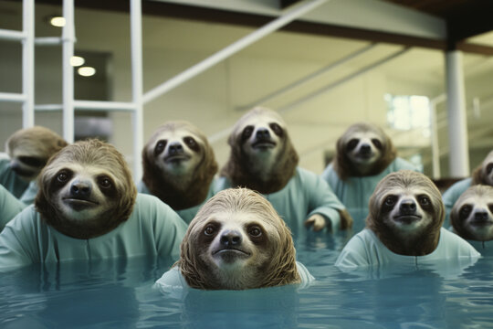 A high-quality illustration capturing the humor of synchronized swimming performed by sloths, highlighting their leisurely yet synchronized movements.
