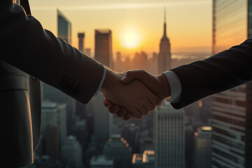 Business Handshake Against the Backdrop of a Sunrise in a Metropolitan Cityscape