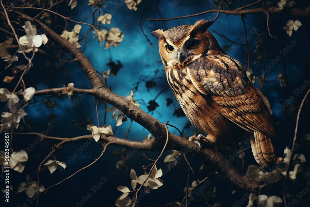 Poster an original illustration capturing the mystique of an owl perched on a branch under the soft glow of