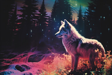 A distinctive illustration featuring a wolf in the aurora-lit wilderness, where the mystical lights dance across the night sky.