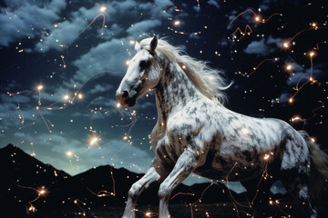 An original portrayal of a horse formed by constellations in a star-studded night sky, merging the natural and celestial realms.