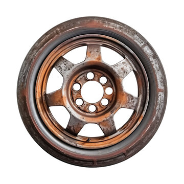 Old car wheel, rusty car alloy rim, Tyre, Rubber isolated on transparent background.