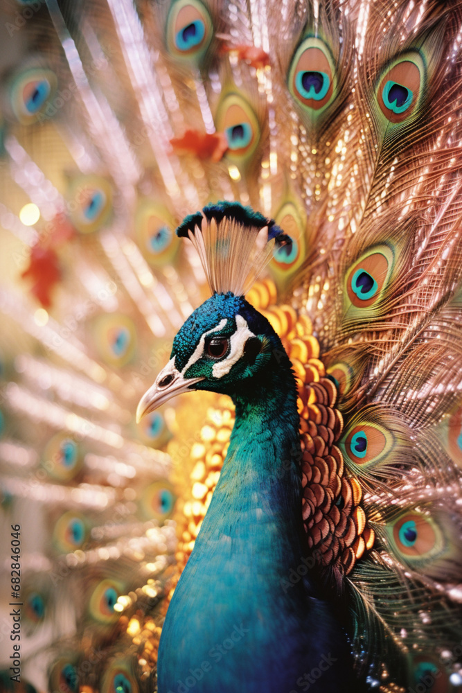 Poster A distinctive portrayal of a peacock displaying its iridescent plumage against a dreamlike backdrop of shimmering colors and ethereal patterns.