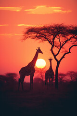 A balanced and captivating scene featuring giraffes silhouetted against a surreal sunset, blending natural elegance with artistic allure.