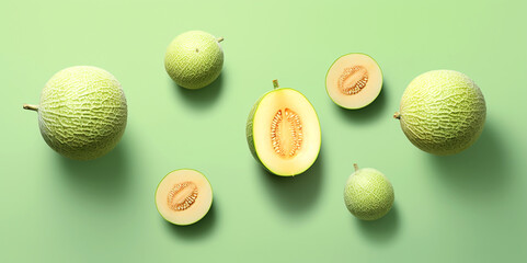 Cantaloupe arranged in an orderly manner On a green background, there is space, a beautiful view.