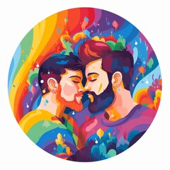LGBTQI Love: The Intimacy of Two Bearded Men Sharing a Kiss. A colourful painting of two gay men kissing each other