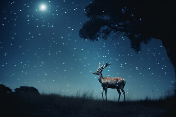 An original portrayal of a deer formed by constellations in a star-studded night sky, merging the natural and celestial realms.