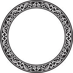 Vector monochrome Kazakh national round pattern, frame. Ethnic ornament of the nomadic peoples of Asia, the Great Steppe, Kazakhs, Kirghiz, Kalmyks, Mongols, Buryats, Turkmens