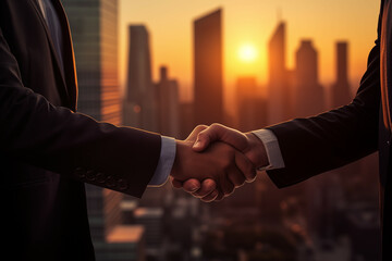 Business Partnership Sealed with a Firm Handshake at Sunset in the City