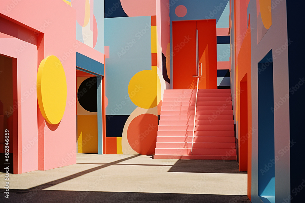 Poster Join a graphic fusion jamboree, where a lively interplay of colors and simple shapes creates a visually engaging scene reminiscent of pop art.