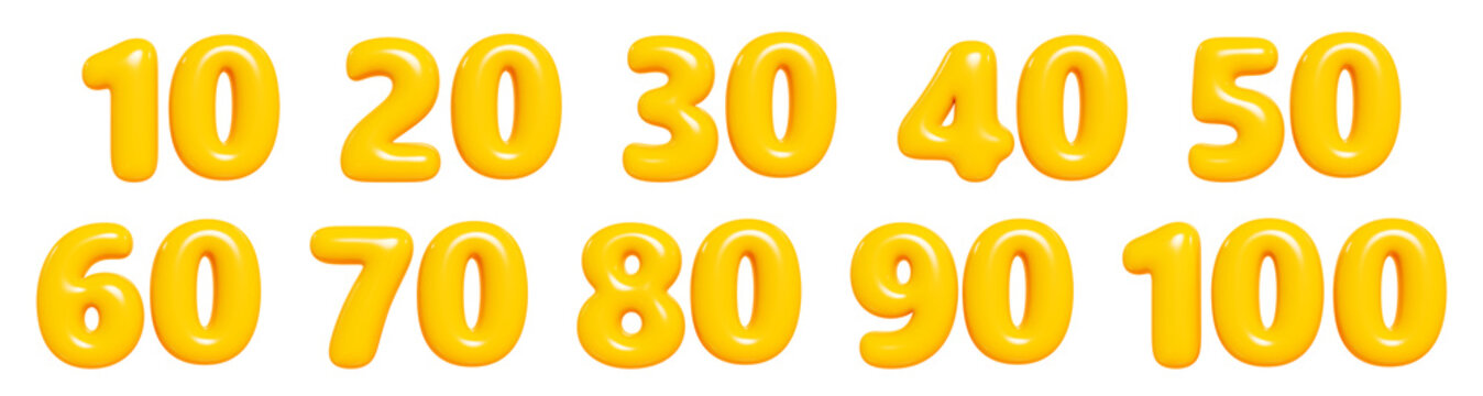 Balloon number 3d set. Render illustration of cartoon yellow glossy inflatable numbers