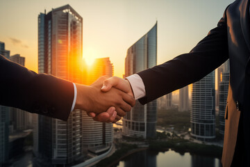 Successful Business Agreement Handshake against Urban Skyline at Sunset