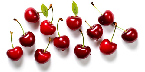 red fresh cherry arranged in an orderly manner On a white background, there is space, a beautiful view.