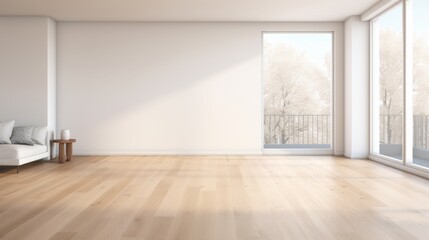 Interior of modern minimalist living room. White empty walls, hardwood floor, white sofa, wooden coffee table, large floor-to-ceiling windows. Mock up. - obrazy, fototapety, plakaty
