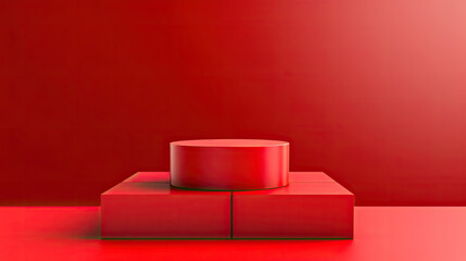 3dRed podium background product stage display on  red background, sale presentation banner stand studio showroom or empty show pedestal base backdrop and showing blank step place mockup.