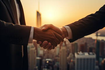 Professional Business Handshake Against Urban Skyline at Sunset