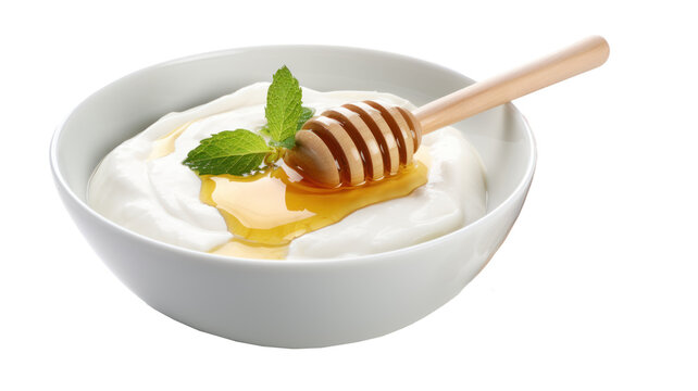 Turkish yogurt with honey in a bowl with wooden honey dipper, isolated